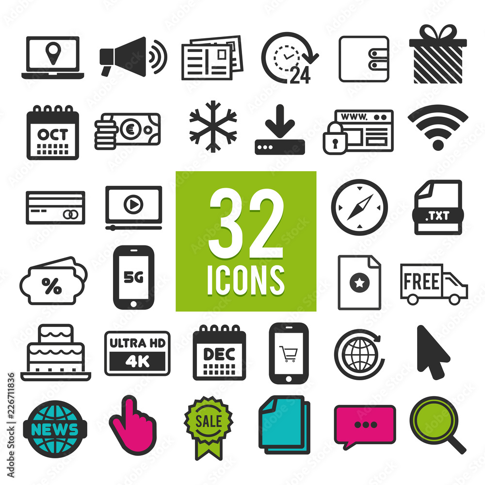 Poster set of flat icons for mobile app and web on white background.