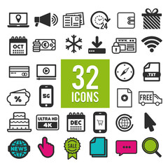 Set of flat icons for mobile app and web on white background.