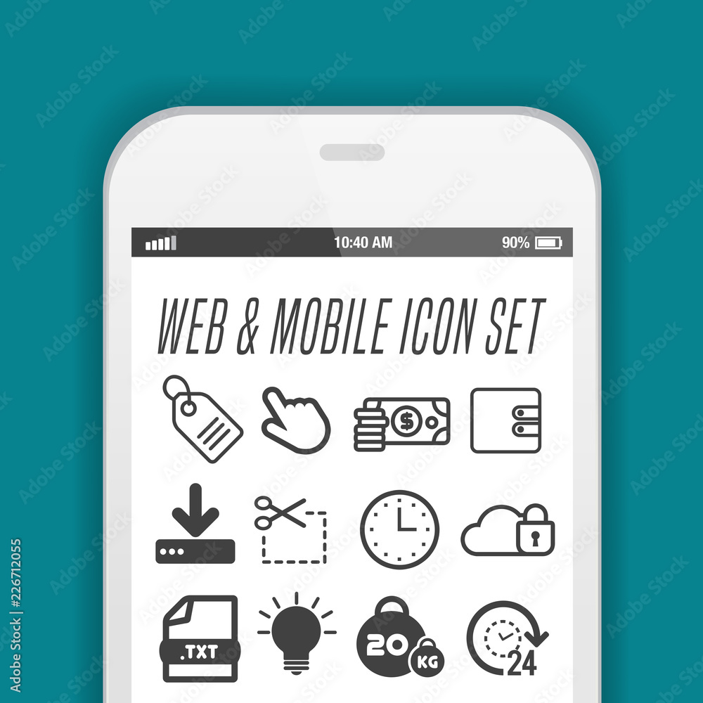 Poster smartphone with necessary application icons on screen. flat vector illustration.