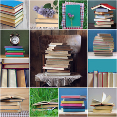 Collage with books: library, education, science, reading.