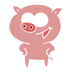 cheerful pig flat color style cartoon