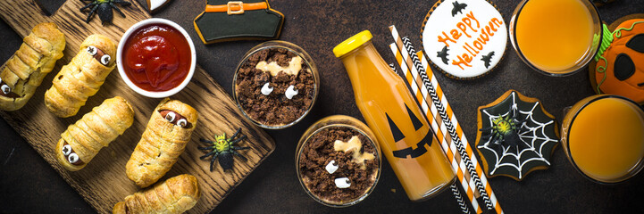 Halloween food assortment top view.