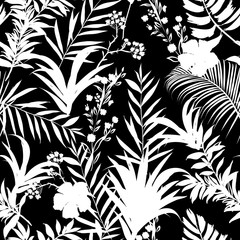 White  palm trees and tropical forest on the black background. Vector seamless pattern. Tropical illustration