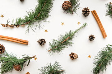 Composition of pine needles, cinnamon, cones on a white background. Christmas decor. Flat lay, top view