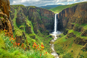 Maletsunyane Falls in Lesotho Africa. Most beautiful waterfall in the world. Green scenic landscape of amazing water fall dropping into a river inside canyons. Panoramic views over the great falls. - obrazy, fototapety, plakaty