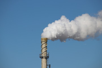 Steam comes out a chimney above a factory with white steam cloud on clear blue sky in Rotterdam