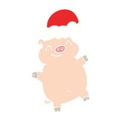 flat color style cartoon happy christmas pig