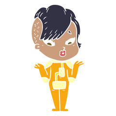 flat color style cartoon surprised girl in science fiction clothes