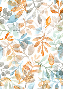 watercolor hand painted leaves and branches. seamless pattern on a white background