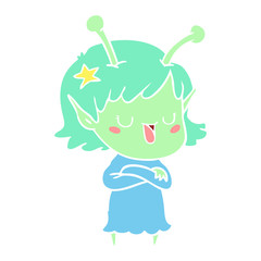 happy alien girl flat color style cartoon