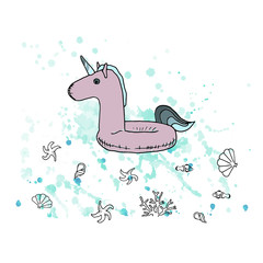 Vector illustration. Pen style drawn unicorn rubber ring on watercolor background. Fish, sea stars, shells and coral. Line vector objects. Element of print design.
