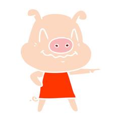 nervous flat color style cartoon pig wearing dress