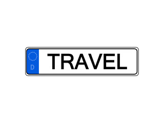 German specific vehicle registration plate with word, travel.