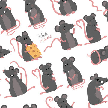 Seamless pattern with cute mice in various poses in cartoon style