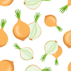 whole and sliced bulbs of onions with green arrows of onion on white background, seamless pattern