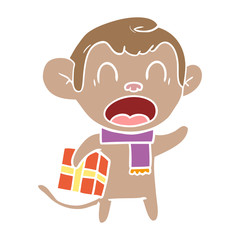 shouting flat color style cartoon monkey carrying christmas gift