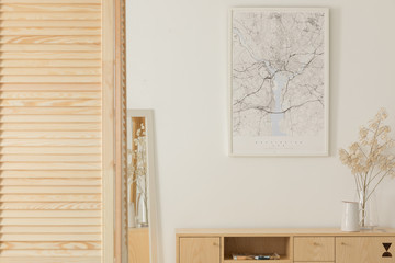 Poster on white wall above wooden cabinet with decor in minimal anteroom interior. Real photo