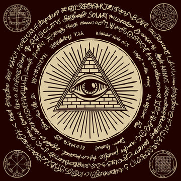 Vector banner with Eye of Providence. All-seeing eye inside triangle pyramid. Symbol Omniscience. Luminous Delta. Ancient mystical sacral illuminati symbol with magical inscriptions on black backdrop