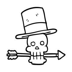 line drawing cartoon skull with top hat and arrow