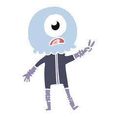 flat color style cartoon cyclops alien spaceman giving peace sign
