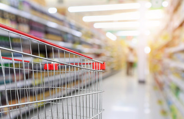 Supermarket aisle blurred background with empty red shopping cart