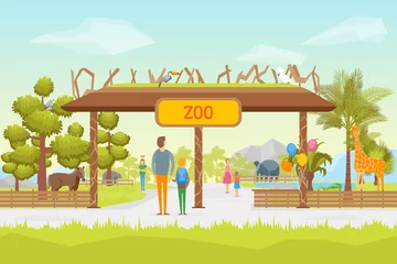Gordijnen Cartoon Zoo Entrance Panorama Background Card. Vector © bigmouse108
