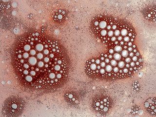 Bubbles, blobs. Bit frothy, on white background. Dark blood red.