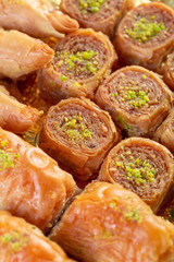 Homemade baklava with nuts and honey syrup