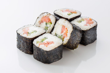 Japanes seafood sushi rolls isolated on white background.