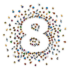 Large group of people in number 8 eight form. People font . Vector illustration
