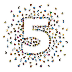 Large group of people in number 5 five form. People font . Vector illustration