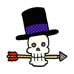 cartoon doodle skull with top hat and arrow