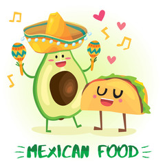 Cute tacos and avocado mexican food characters illustration