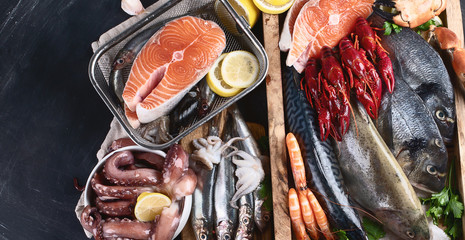 Fresh fish and seafood variety with spices.