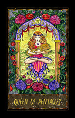 Queen of pentacles. Minor Arcana tarot card. The Magic Gate deck. Fantasy graphic illustration with occult magic symbols, gothic and esoteric concept