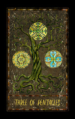 Three of pentacles. Minor Arcana tarot card. The Magic Gate deck. Fantasy graphic illustration with occult magic symbols, gothic and esoteric concept