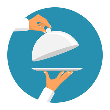 Empty tray with an open lid in the hands of the waiter. Silver cloche holding waiter. Vector illustration flat design. Isolated icon on background. Food serving tray restaurant plate.