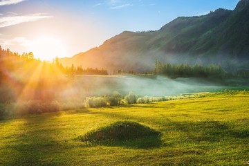 Mountain valley in the sunset and fog - obrazy, fototapety, plakaty