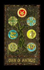 Seven of pentacles. Minor Arcana tarot card. The Magic Gate deck. Fantasy graphic illustration with occult magic symbols, gothic and esoteric concept