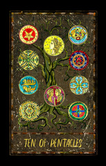 Ten of pentacles. Minor Arcana tarot card. The Magic Gate deck. Fantasy graphic illustration with occult magic symbols, gothic and esoteric concept