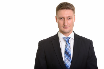 Handsome Caucasian man isolated against white background