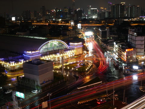 Night Light Traffic View And Citi Around At Bangkok Train Station (HUA LUMPONG).