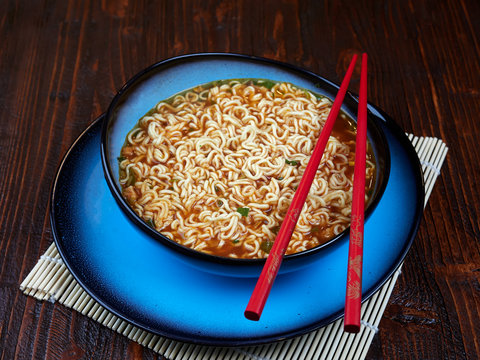 Ingredients for Shin Ramyun, a popular Korean noodle dish with an intense spicy flavour