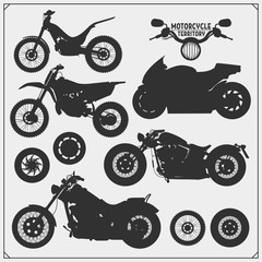 Big set of motorcycles. Motocross, motofreestyle, motoracing, mototrial. Emblems of bikers club. Monochrome design.