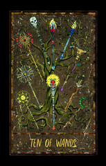 Ten of wands. Minor Arcana tarot card. The Magic Gate deck. Fantasy graphic illustration with occult magic symbols, gothic and esoteric concept