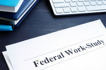 Federal Work Study FWS program documents and pen. - obrazy, fototapety, plakaty