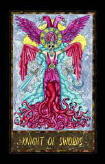 Obraz premium Knight of swords. Minor Arcana tarot card. The Magic Gate deck. Fantasy graphic illustration with occult magic symbols, gothic and esoteric concept