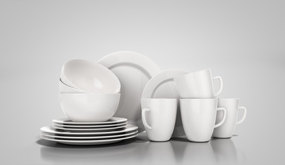 set of white dishes 3d render on grey