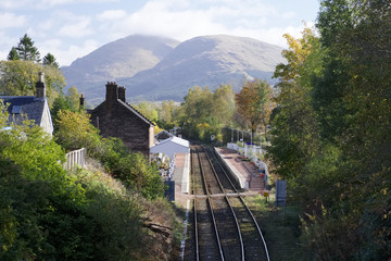 Dalmally train station in Scottish village in west Argyll view from above bridge