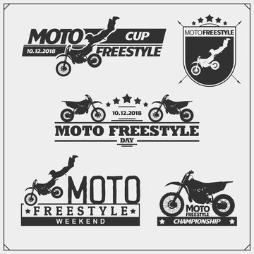 Set of motorsport silhouettes, labels and emblems. Motocross jumping riders, moto freestyle.